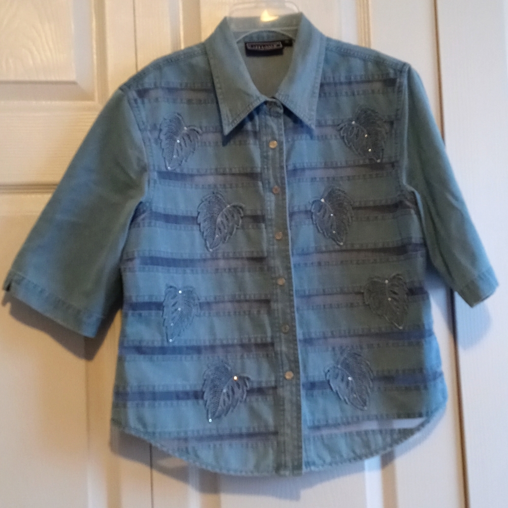 Lafei-Nier 3/4 sleeve embroidered denim top Sz XL